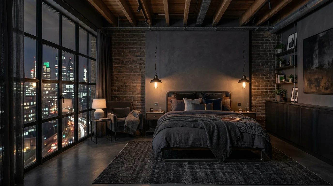 A luxury industrial loft bedroom with dark charcoal tones, layered textiles, steel-framed windows, and soft ambient lighting contrast, sophisticated urban retreat, no people